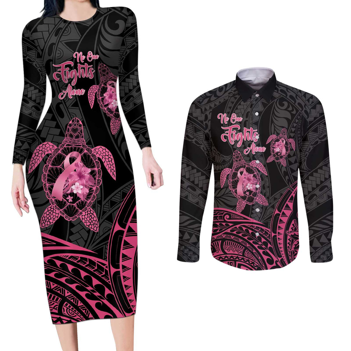 Personalised Polynesia Breast Cancer Awareness Couples Matching Long Sleeve Bodycon Dress and Long Sleeve Button Shirt No One Fights Alone Turtle Ribbon - Black Version LT14 Black - Polynesian Pride