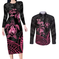 Personalised Polynesia Breast Cancer Awareness Couples Matching Long Sleeve Bodycon Dress and Long Sleeve Button Shirt No One Fights Alone Turtle Ribbon - Black Version LT14 Black - Polynesian Pride