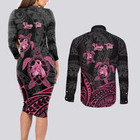 Personalised Polynesia Breast Cancer Awareness Couples Matching Long Sleeve Bodycon Dress and Long Sleeve Button Shirt No One Fights Alone Turtle Ribbon - Black Version LT14 - Polynesian Pride