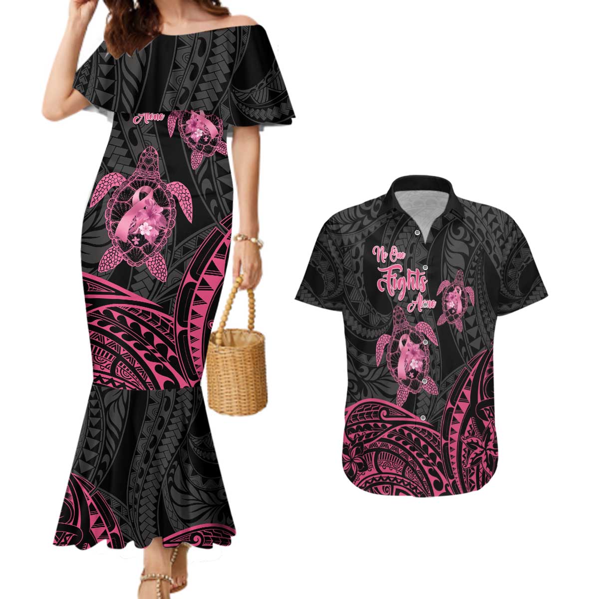 Personalised Polynesia Breast Cancer Awareness Couples Matching Mermaid Dress and Hawaiian Shirt No One Fights Alone Turtle Ribbon - Black Version LT14 Black - Polynesian Pride