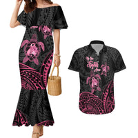 Personalised Polynesia Breast Cancer Awareness Couples Matching Mermaid Dress and Hawaiian Shirt No One Fights Alone Turtle Ribbon - Black Version LT14 Black - Polynesian Pride