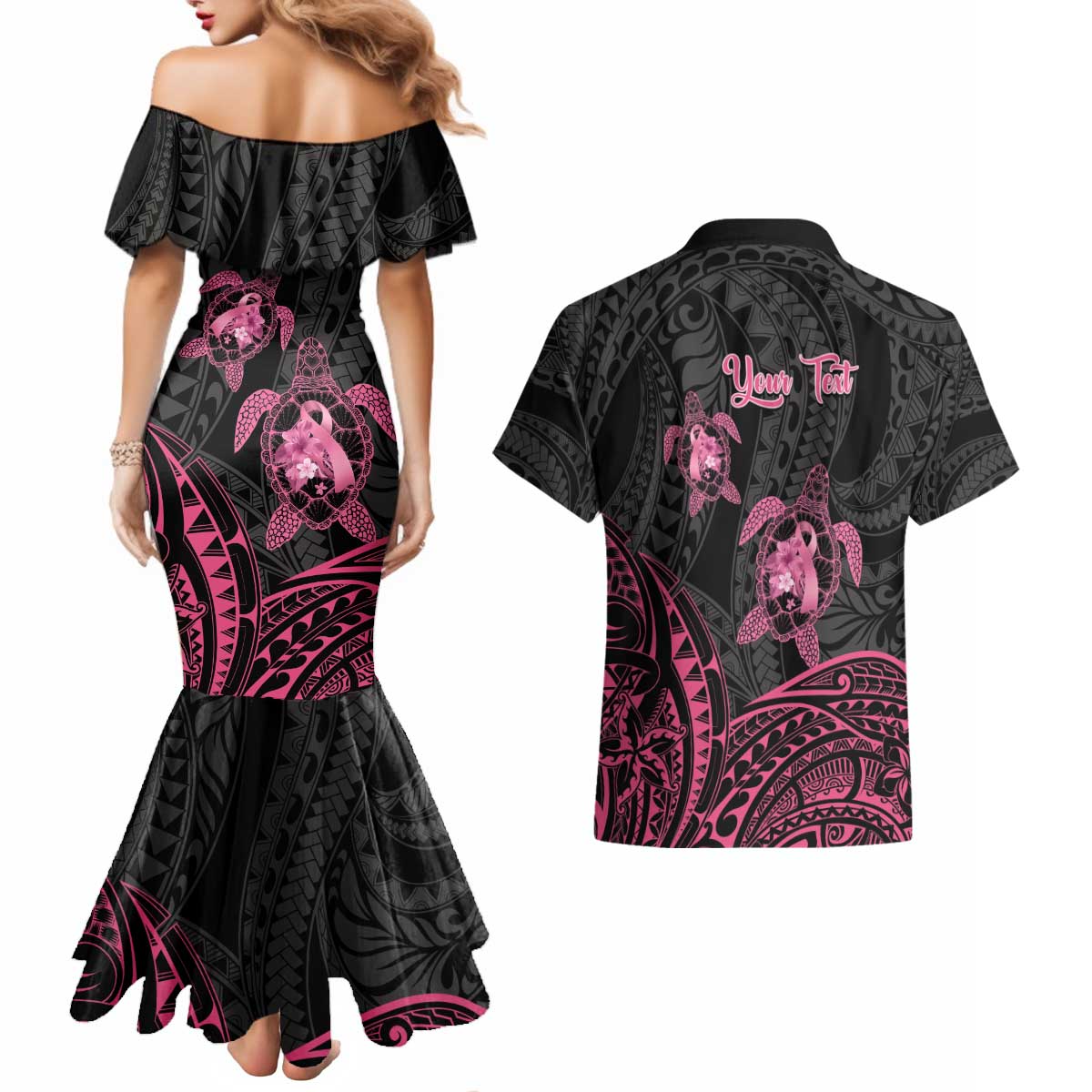 Personalised Polynesia Breast Cancer Awareness Couples Matching Mermaid Dress and Hawaiian Shirt No One Fights Alone Turtle Ribbon - Black Version LT14 - Polynesian Pride