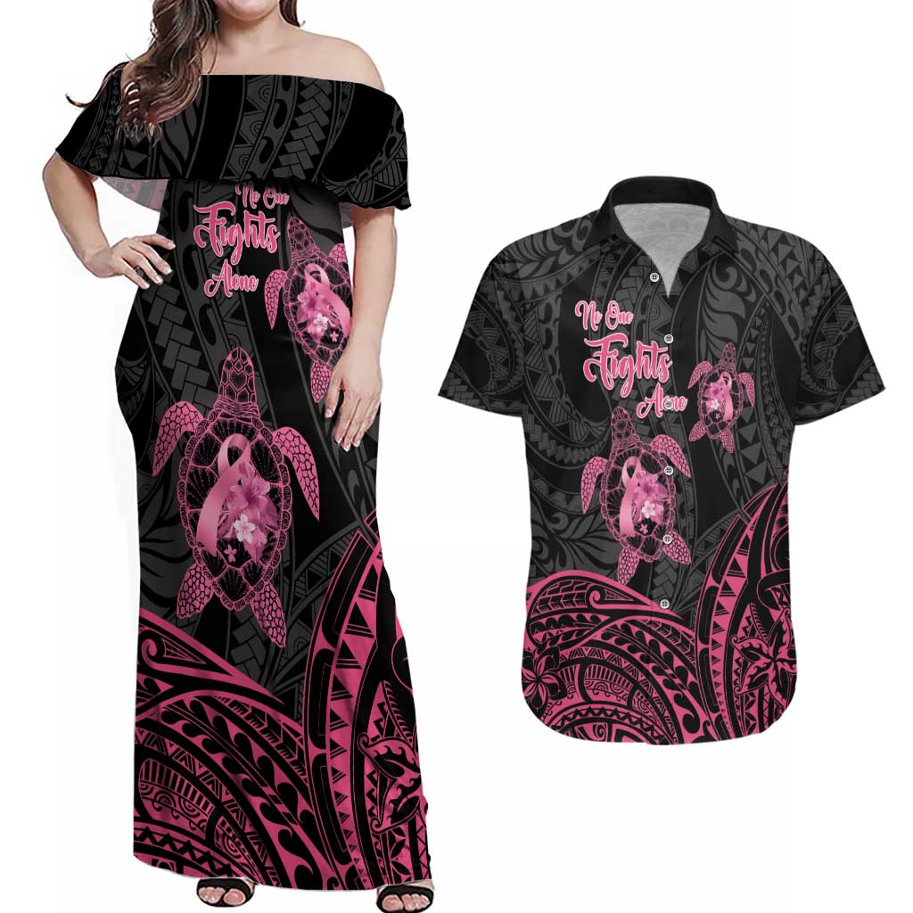 Personalised Polynesia Breast Cancer Awareness Couples Matching Off Shoulder Maxi Dress and Hawaiian Shirt No One Fights Alone Turtle Ribbon - Black Version LT14 Black - Polynesian Pride