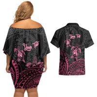Personalised Polynesia Breast Cancer Awareness Couples Matching Off Shoulder Short Dress and Hawaiian Shirt No One Fights Alone Turtle Ribbon - Black Version LT14 - Polynesian Pride