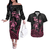 Personalised Polynesia Breast Cancer Awareness Couples Matching Off The Shoulder Long Sleeve Dress and Hawaiian Shirt No One Fights Alone Turtle Ribbon - Black Version LT14 Black - Polynesian Pride