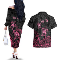 Personalised Polynesia Breast Cancer Awareness Couples Matching Off The Shoulder Long Sleeve Dress and Hawaiian Shirt No One Fights Alone Turtle Ribbon - Black Version LT14 - Polynesian Pride