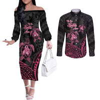Personalised Polynesia Breast Cancer Awareness Couples Matching Off The Shoulder Long Sleeve Dress and Long Sleeve Button Shirt No One Fights Alone Turtle Ribbon - Black Version LT14 Black - Polynesian Pride