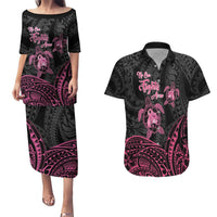 Personalised Polynesia Breast Cancer Awareness Couples Matching Puletasi and Hawaiian Shirt No One Fights Alone Turtle Ribbon - Black Version
