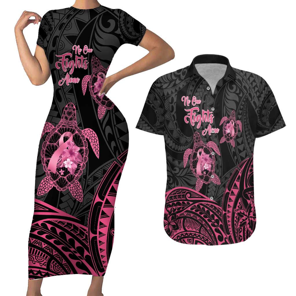 Personalised Polynesia Breast Cancer Awareness Couples Matching Short Sleeve Bodycon Dress and Hawaiian Shirt No One Fights Alone Turtle Ribbon - Black Version LT14 Black - Polynesian Pride