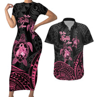 Personalised Polynesia Breast Cancer Awareness Couples Matching Short Sleeve Bodycon Dress and Hawaiian Shirt No One Fights Alone Turtle Ribbon - Black Version LT14 Black - Polynesian Pride