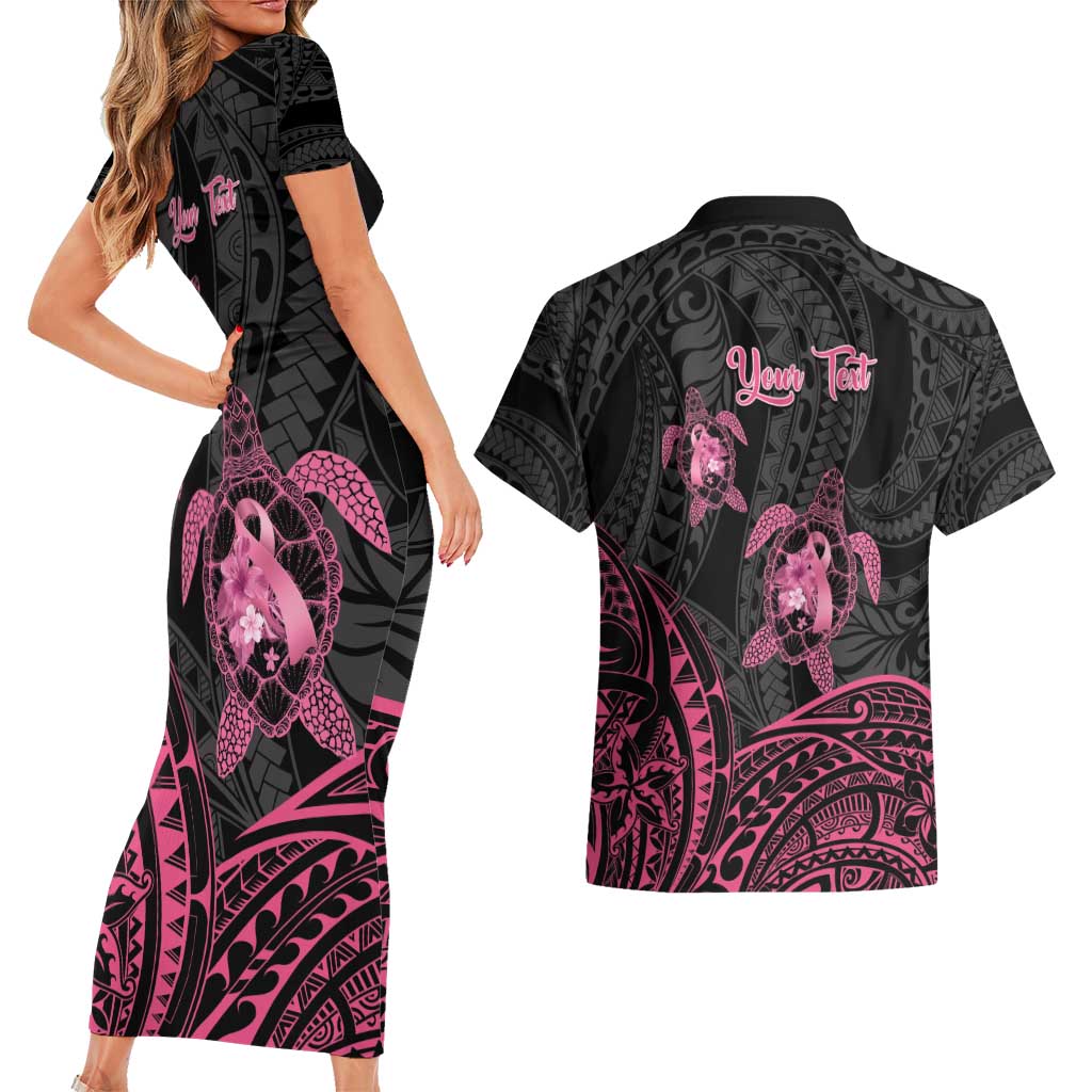 Personalised Polynesia Breast Cancer Awareness Couples Matching Short Sleeve Bodycon Dress and Hawaiian Shirt No One Fights Alone Turtle Ribbon - Black Version LT14 - Polynesian Pride