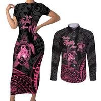 Personalised Polynesia Breast Cancer Awareness Couples Matching Short Sleeve Bodycon Dress and Long Sleeve Button Shirt No One Fights Alone Turtle Ribbon - Black Version LT14 Black - Polynesian Pride