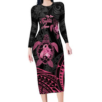Personalised Polynesia Breast Cancer Awareness Family Matching Long Sleeve Bodycon Dress and Hawaiian Shirt No One Fights Alone Turtle Ribbon - Black Version LT14 Mom's Dress Black - Polynesian Pride