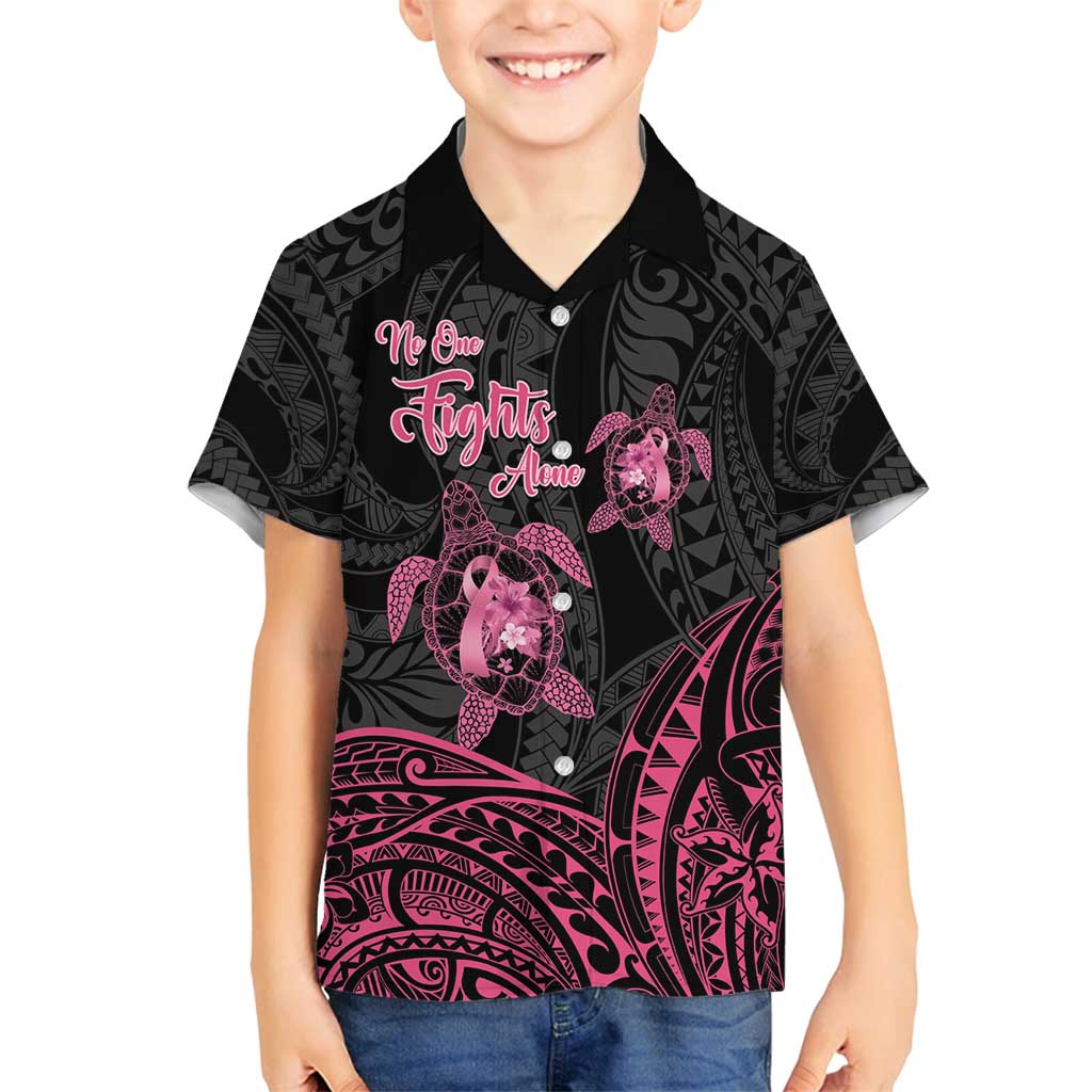 Personalised Polynesia Breast Cancer Awareness Family Matching Long Sleeve Bodycon Dress and Hawaiian Shirt No One Fights Alone Turtle Ribbon - Black Version LT14 Son's Shirt Black - Polynesian Pride