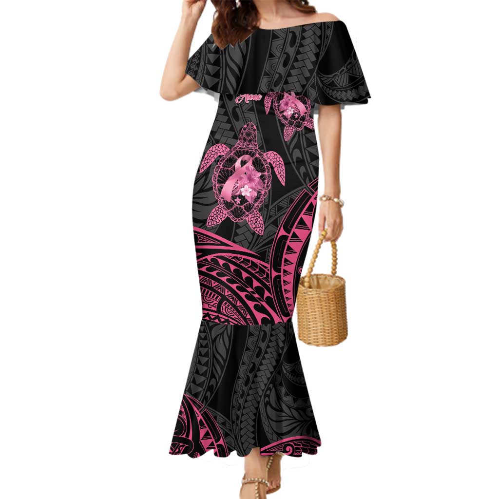 Personalised Polynesia Breast Cancer Awareness Family Matching Mermaid Dress and Hawaiian Shirt No One Fights Alone Turtle Ribbon - Black Version LT14 Mom's Dress Black - Polynesian Pride