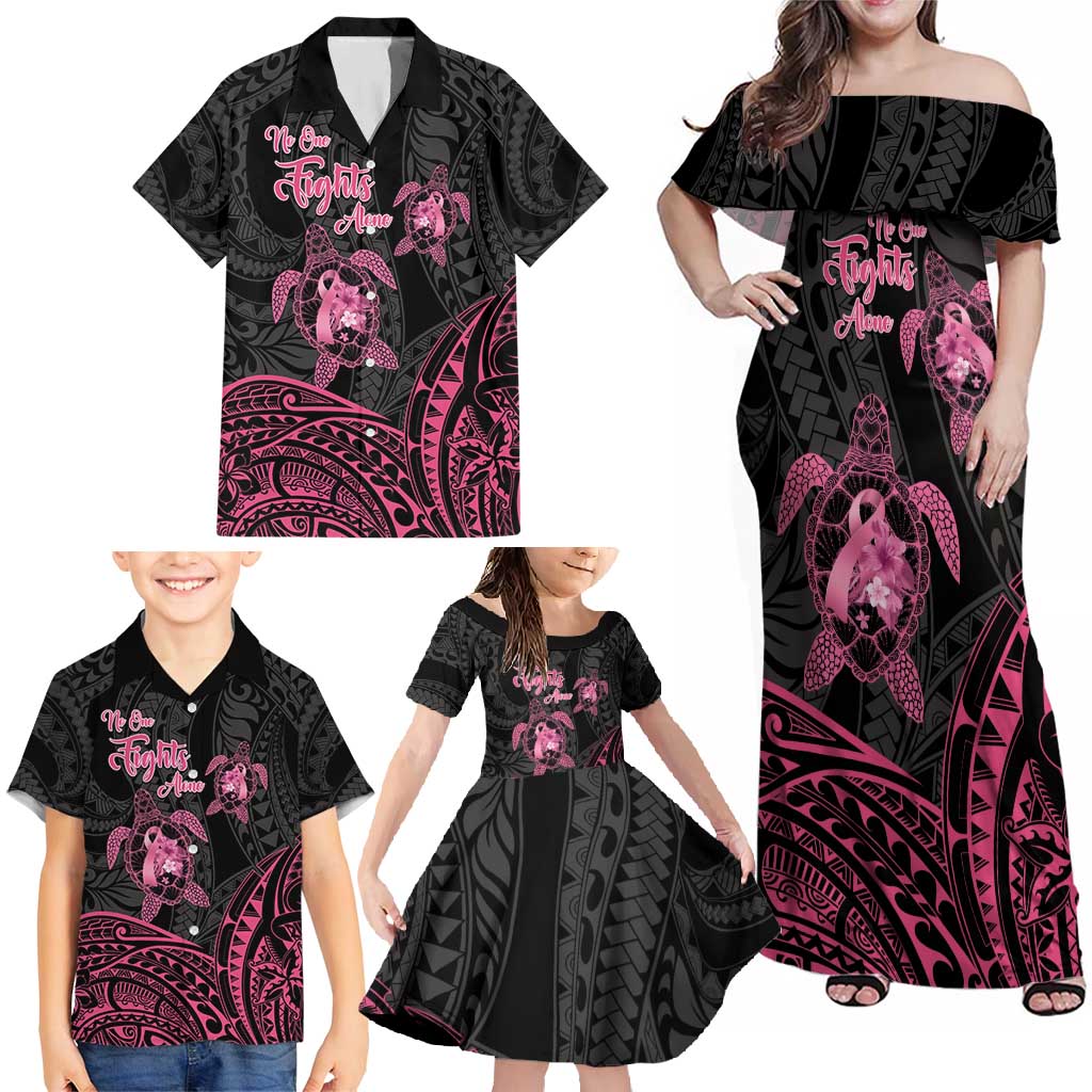 Personalised Polynesia Breast Cancer Awareness Family Matching Off Shoulder Maxi Dress and Hawaiian Shirt No One Fights Alone Turtle Ribbon - Black Version LT14 - Polynesian Pride