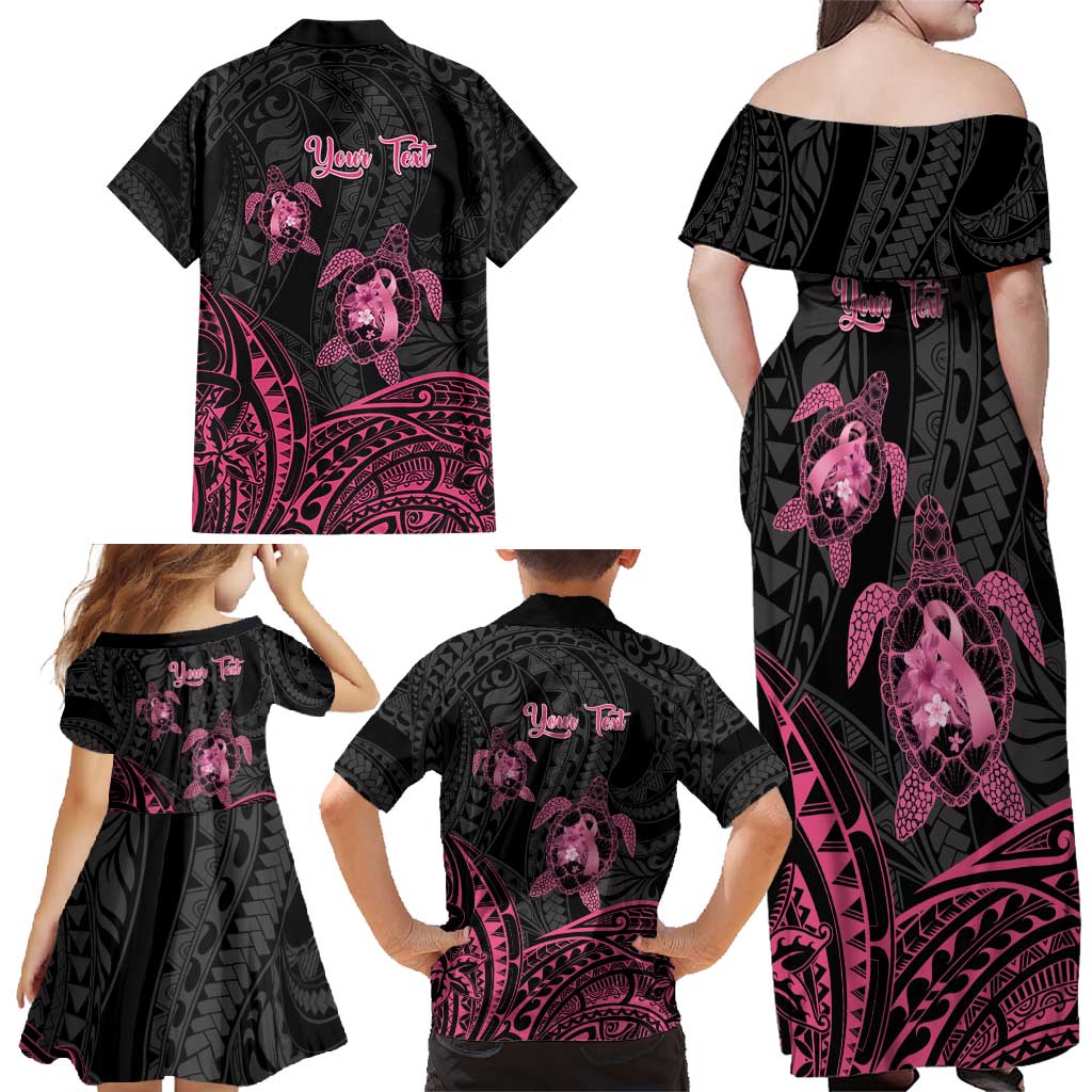 Personalised Polynesia Breast Cancer Awareness Family Matching Off Shoulder Maxi Dress and Hawaiian Shirt No One Fights Alone Turtle Ribbon - Black Version LT14 - Polynesian Pride