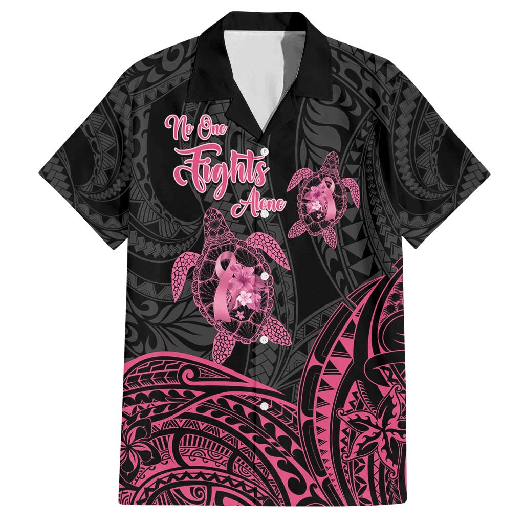 Personalised Polynesia Breast Cancer Awareness Family Matching Off Shoulder Maxi Dress and Hawaiian Shirt No One Fights Alone Turtle Ribbon - Black Version LT14 Dad's Shirt - Short Sleeve Black - Polynesian Pride