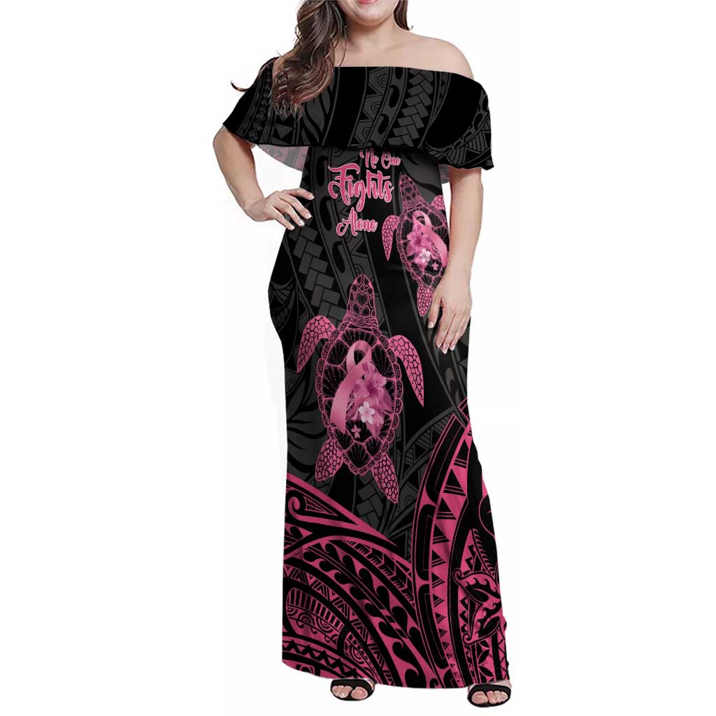 Personalised Polynesia Breast Cancer Awareness Family Matching Off Shoulder Maxi Dress and Hawaiian Shirt No One Fights Alone Turtle Ribbon - Black Version LT14 Mom's Dress Black - Polynesian Pride