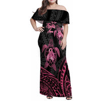 Personalised Polynesia Breast Cancer Awareness Family Matching Off Shoulder Maxi Dress and Hawaiian Shirt No One Fights Alone Turtle Ribbon - Black Version LT14 Mom's Dress Black - Polynesian Pride