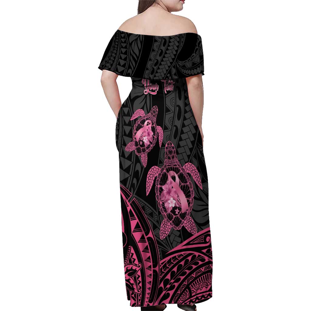 Personalised Polynesia Breast Cancer Awareness Family Matching Off Shoulder Maxi Dress and Hawaiian Shirt No One Fights Alone Turtle Ribbon - Black Version LT14 - Polynesian Pride