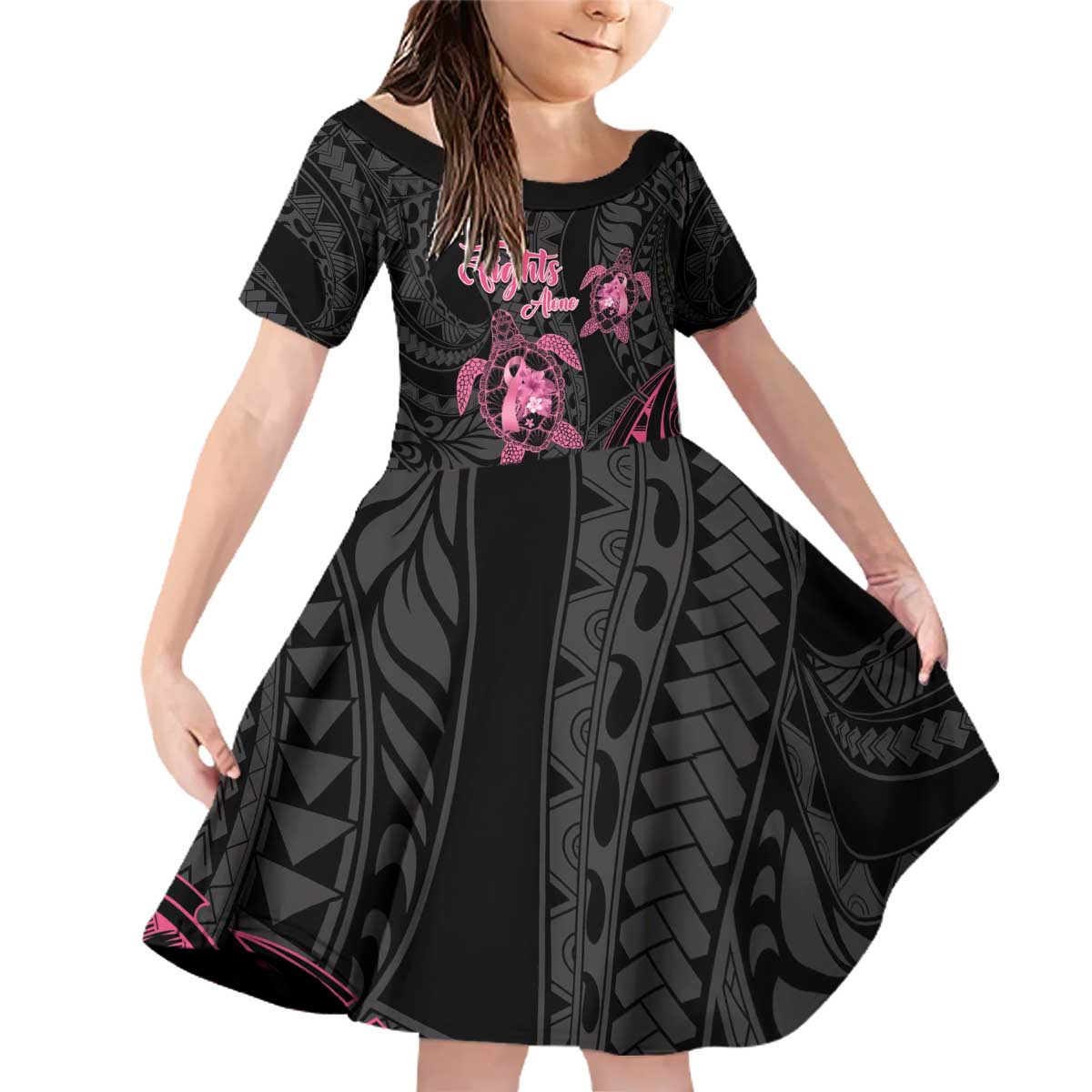 Personalised Polynesia Breast Cancer Awareness Family Matching Off Shoulder Short Dress and Hawaiian Shirt No One Fights Alone Turtle Ribbon - Black Version LT14 Daughter's Dress Black - Polynesian Pride