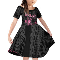 Personalised Polynesia Breast Cancer Awareness Family Matching Off Shoulder Short Dress and Hawaiian Shirt No One Fights Alone Turtle Ribbon - Black Version LT14 Daughter's Dress Black - Polynesian Pride