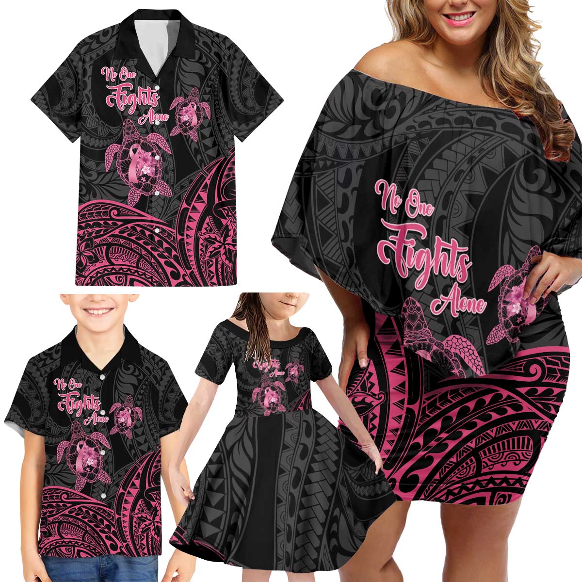 Personalised Polynesia Breast Cancer Awareness Family Matching Off Shoulder Short Dress and Hawaiian Shirt No One Fights Alone Turtle Ribbon - Black Version LT14 - Polynesian Pride