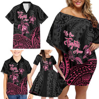 Personalised Polynesia Breast Cancer Awareness Family Matching Off Shoulder Short Dress and Hawaiian Shirt No One Fights Alone Turtle Ribbon - Black Version LT14 - Polynesian Pride