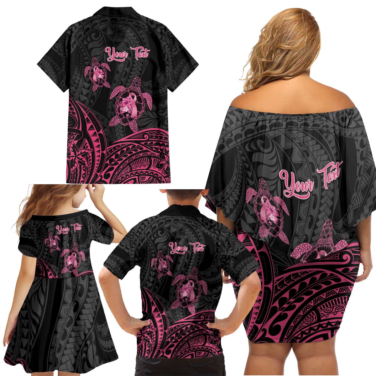 Personalised Polynesia Breast Cancer Awareness Family Matching Off Shoulder Short Dress and Hawaiian Shirt No One Fights Alone Turtle Ribbon - Black Version LT14 - Polynesian Pride