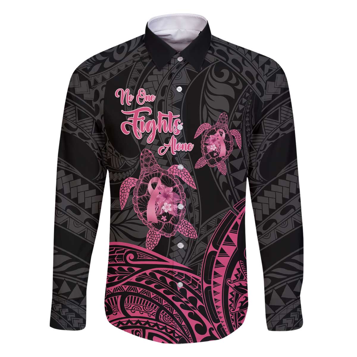 Personalised Polynesia Breast Cancer Awareness Family Matching Off Shoulder Short Dress and Hawaiian Shirt No One Fights Alone Turtle Ribbon - Black Version LT14 Dad's Shirt - Long Sleeve Black - Polynesian Pride