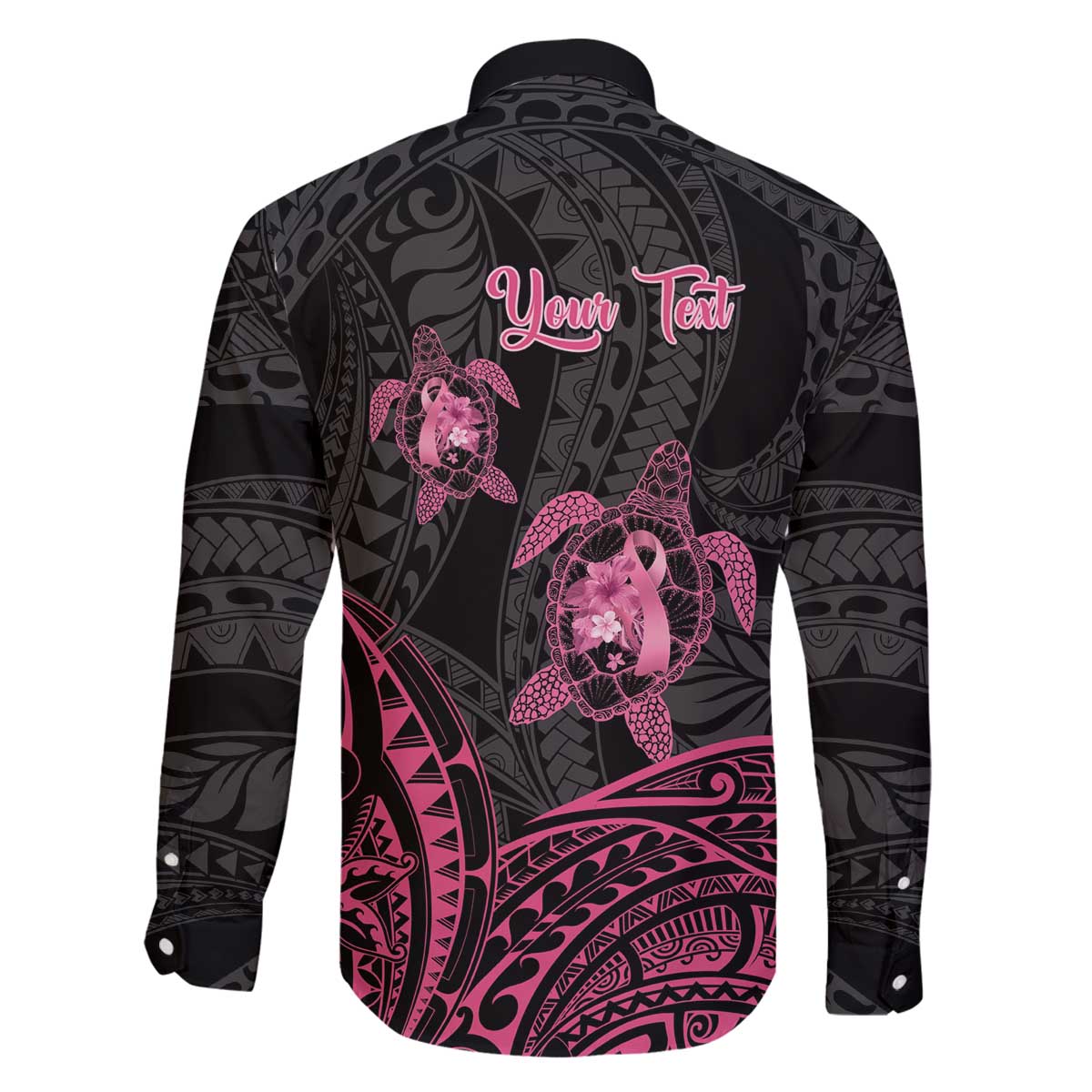 Personalised Polynesia Breast Cancer Awareness Family Matching Off Shoulder Short Dress and Hawaiian Shirt No One Fights Alone Turtle Ribbon - Black Version LT14 - Polynesian Pride