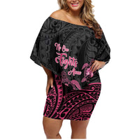 Personalised Polynesia Breast Cancer Awareness Family Matching Off Shoulder Short Dress and Hawaiian Shirt No One Fights Alone Turtle Ribbon - Black Version LT14 Mom's Dress Black - Polynesian Pride