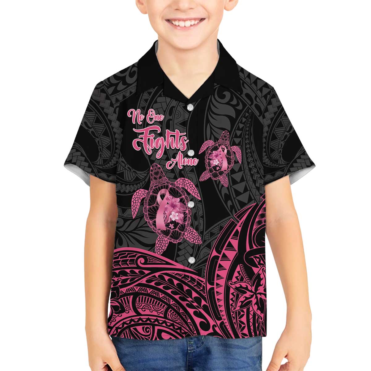 Personalised Polynesia Breast Cancer Awareness Family Matching Off Shoulder Short Dress and Hawaiian Shirt No One Fights Alone Turtle Ribbon - Black Version LT14 Son's Shirt Black - Polynesian Pride