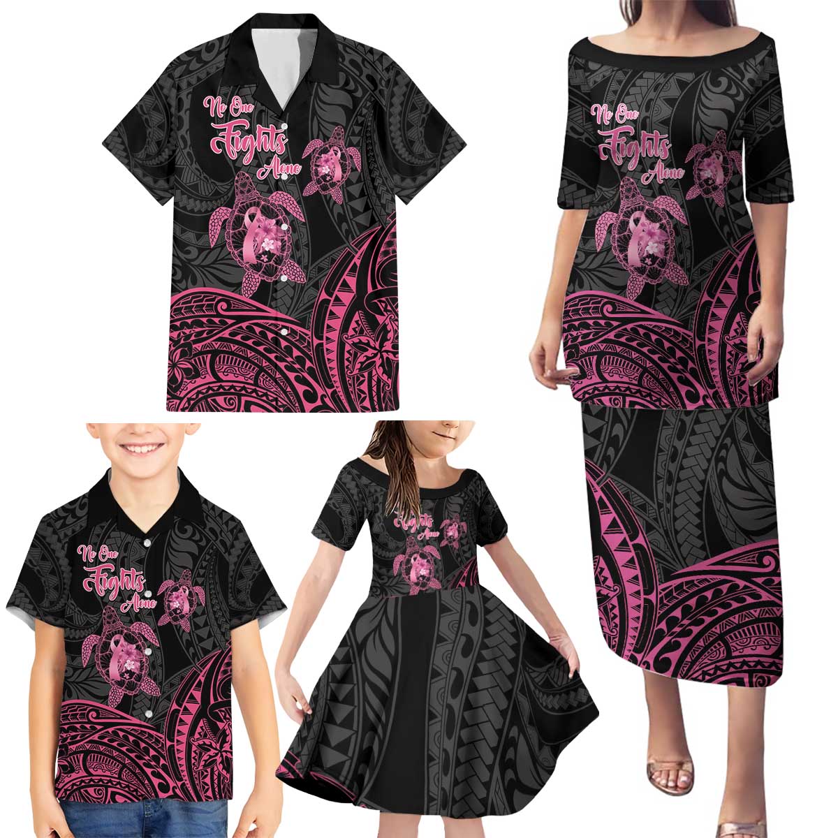 Personalised Polynesia Breast Cancer Awareness Family Matching Puletasi and Hawaiian Shirt No One Fights Alone Turtle Ribbon - Black Version LT14 - Polynesian Pride