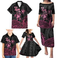 Personalised Polynesia Breast Cancer Awareness Family Matching Puletasi and Hawaiian Shirt No One Fights Alone Turtle Ribbon - Black Version LT14 - Polynesian Pride