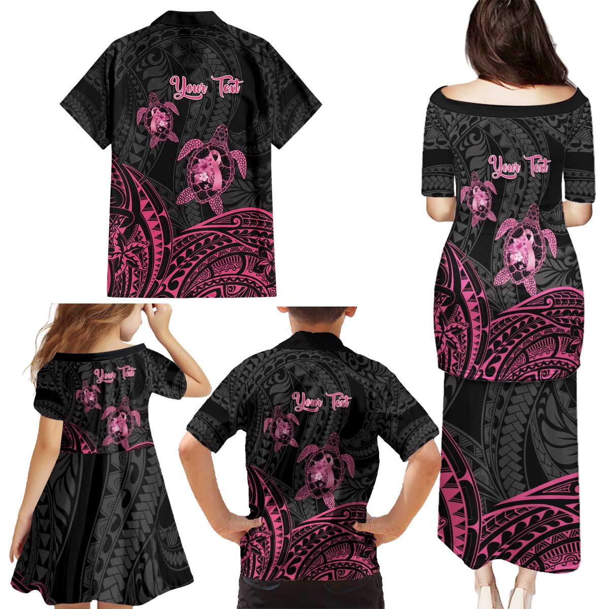 Personalised Polynesia Breast Cancer Awareness Family Matching Puletasi and Hawaiian Shirt No One Fights Alone Turtle Ribbon - Black Version LT14 - Polynesian Pride