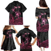 Personalised Polynesia Breast Cancer Awareness Family Matching Puletasi and Hawaiian Shirt No One Fights Alone Turtle Ribbon - Black Version LT14 - Polynesian Pride