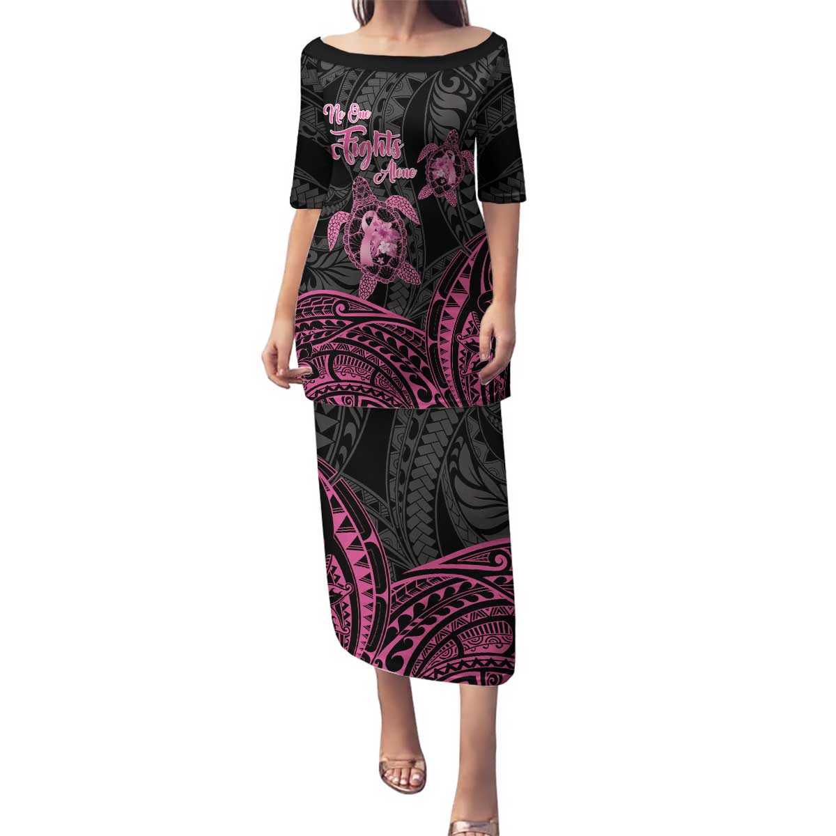 Personalised Polynesia Breast Cancer Awareness Family Matching Puletasi and Hawaiian Shirt No One Fights Alone Turtle Ribbon - Black Version LT14 Mom's Dress Black - Polynesian Pride