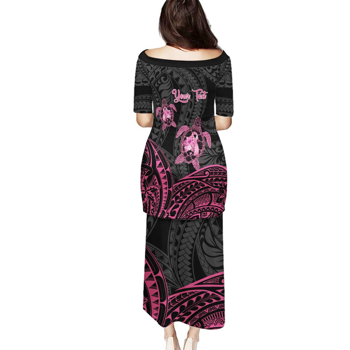 Personalised Polynesia Breast Cancer Awareness Family Matching Puletasi and Hawaiian Shirt No One Fights Alone Turtle Ribbon - Black Version LT14 - Polynesian Pride