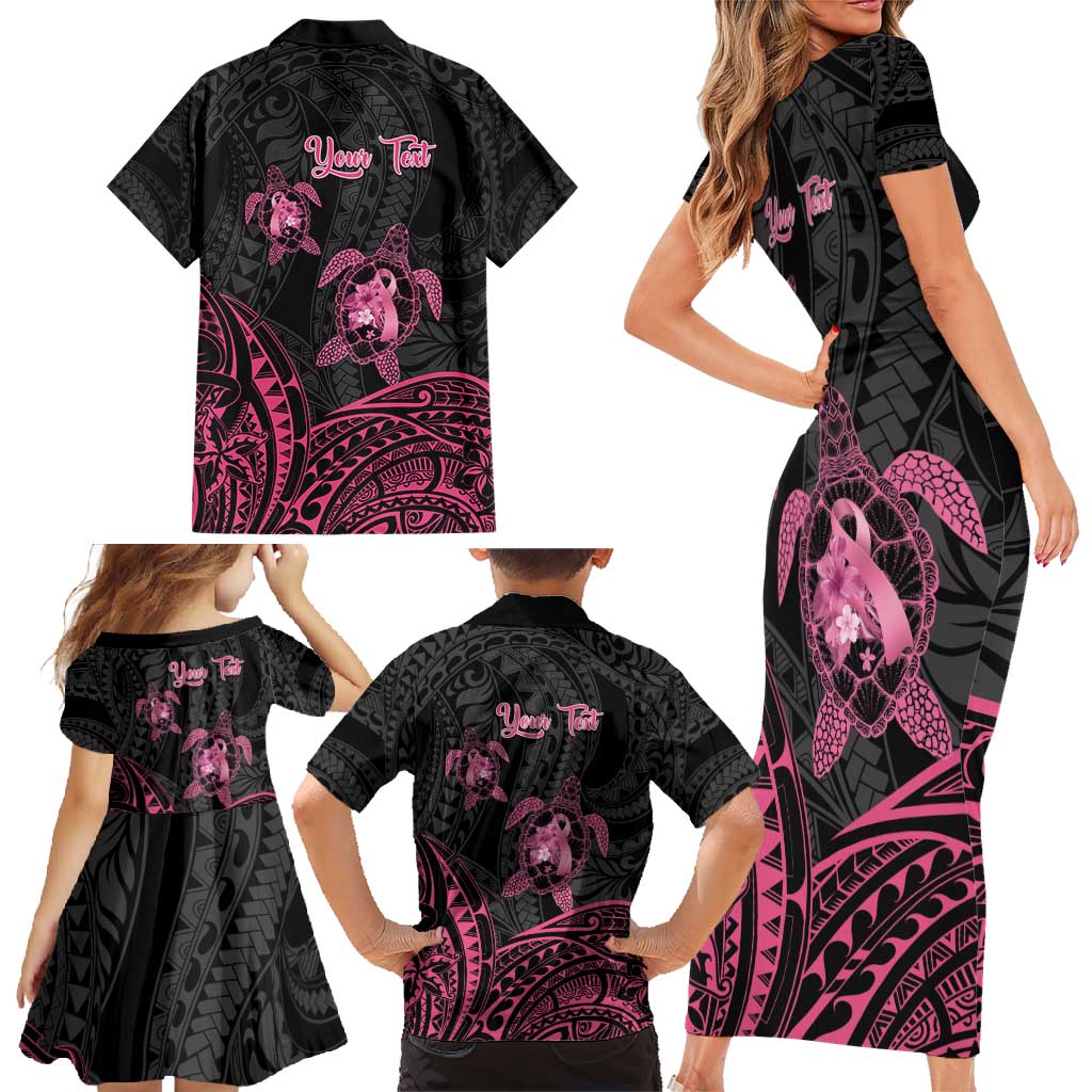 Personalised Polynesia Breast Cancer Awareness Family Matching Short Sleeve Bodycon Dress and Hawaiian Shirt No One Fights Alone Turtle Ribbon - Black Version LT14 - Polynesian Pride