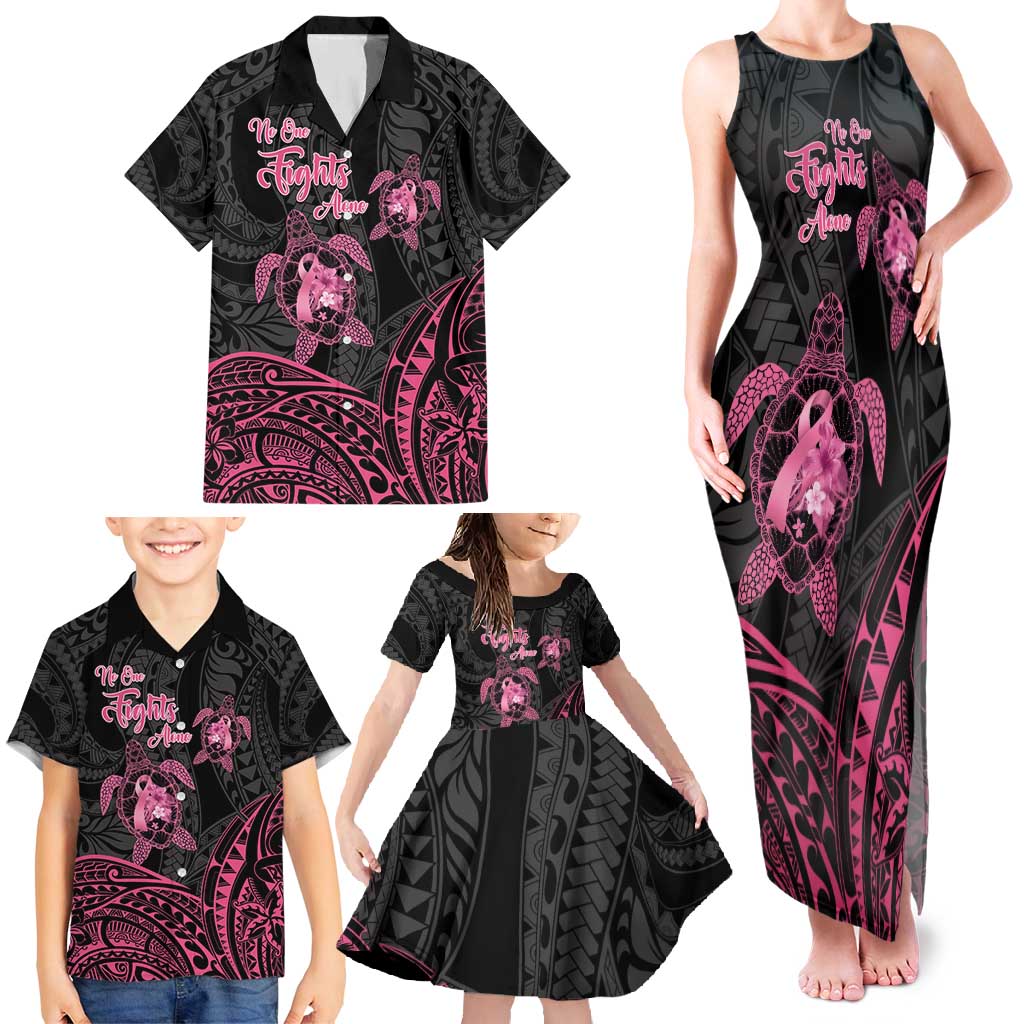 Personalised Polynesia Breast Cancer Awareness Family Matching Tank Maxi Dress and Hawaiian Shirt No One Fights Alone Turtle Ribbon - Black Version LT14 - Polynesian Pride