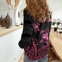 Personalised Polynesia Breast Cancer Awareness Women Casual Shirt No One Fights Alone Turtle Ribbon - Black Version