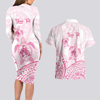 Personalised Polynesia Breast Cancer Awareness Couples Matching Long Sleeve Bodycon Dress and Hawaiian Shirt No One Fights Alone Turtle Ribbon - White Version LT14 - Polynesian Pride