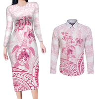 Personalised Polynesia Breast Cancer Awareness Couples Matching Long Sleeve Bodycon Dress and Long Sleeve Button Shirt No One Fights Alone Turtle Ribbon - White Version LT14 White - Polynesian Pride