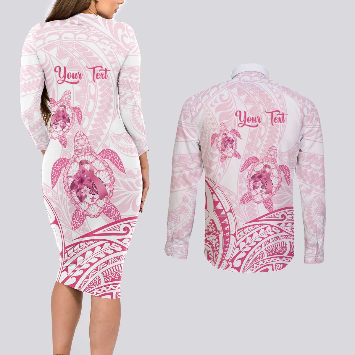 Personalised Polynesia Breast Cancer Awareness Couples Matching Long Sleeve Bodycon Dress and Long Sleeve Button Shirt No One Fights Alone Turtle Ribbon - White Version LT14 - Polynesian Pride