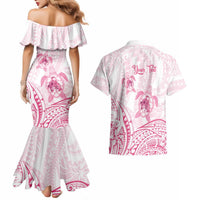 Personalised Polynesia Breast Cancer Awareness Couples Matching Mermaid Dress and Hawaiian Shirt No One Fights Alone Turtle Ribbon - White Version LT14 - Polynesian Pride