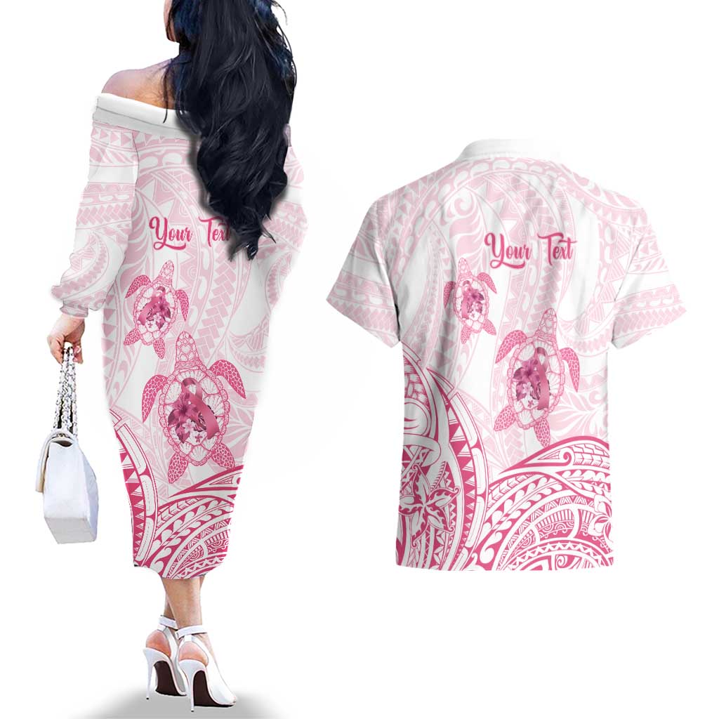 Personalised Polynesia Breast Cancer Awareness Couples Matching Off The Shoulder Long Sleeve Dress and Hawaiian Shirt No One Fights Alone Turtle Ribbon - White Version LT14 - Polynesian Pride