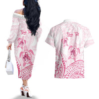 Personalised Polynesia Breast Cancer Awareness Couples Matching Off The Shoulder Long Sleeve Dress and Hawaiian Shirt No One Fights Alone Turtle Ribbon - White Version LT14 - Polynesian Pride