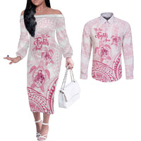Personalised Polynesia Breast Cancer Awareness Couples Matching Off The Shoulder Long Sleeve Dress and Long Sleeve Button Shirt No One Fights Alone Turtle Ribbon - White Version LT14 White - Polynesian Pride